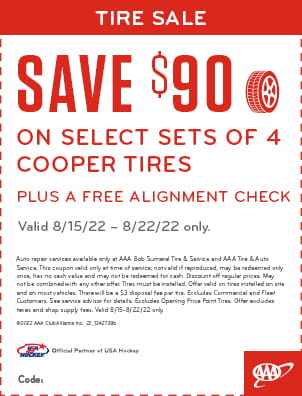 Save $90 on Sets of 4 Cooper Tires PLUS a Free Alignment Check. 