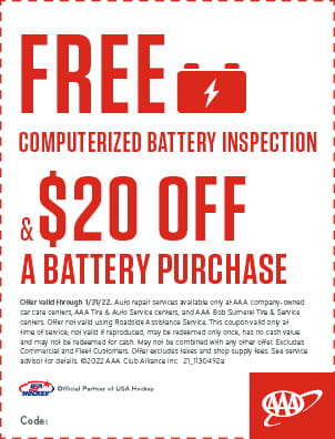 Free Computerized Battery Inspection and $20 Off a new battery purchase.