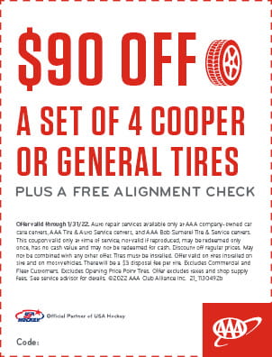 $90 off any set of 4 Cooper or 4 General Tires and get a free alignment check.