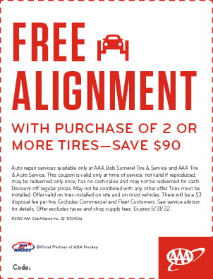 Free alignment with purchase of 2 or more tires.